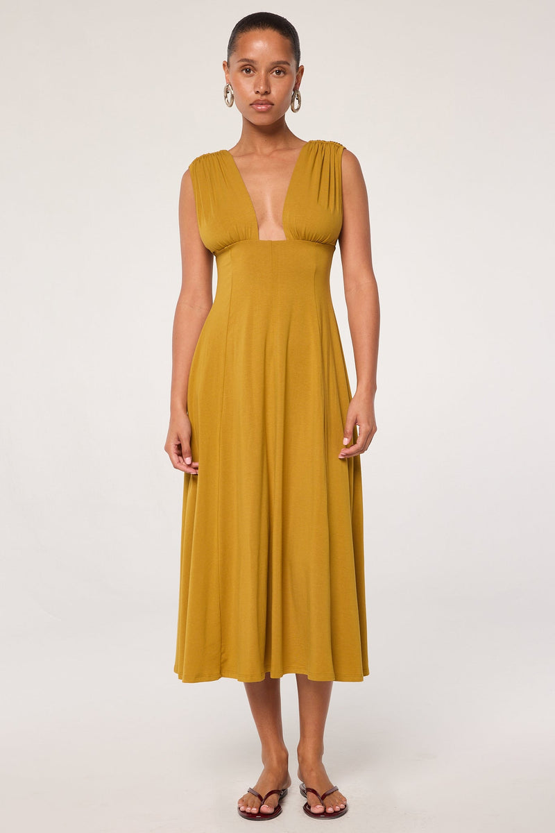 Elva - Ochre Plunge Neck Panel Dress