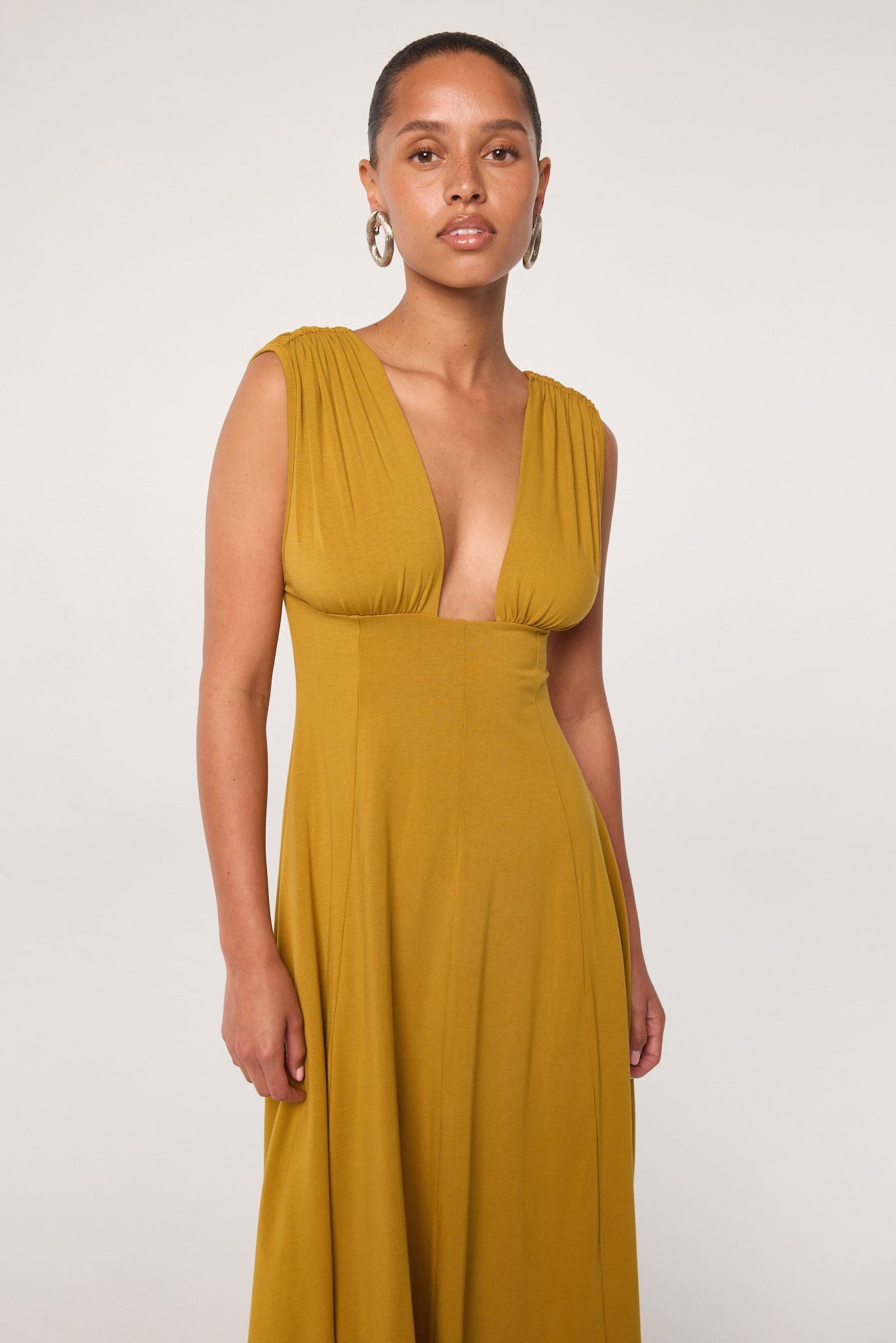 Elva - Ochre Plunge Neck Panel Dress