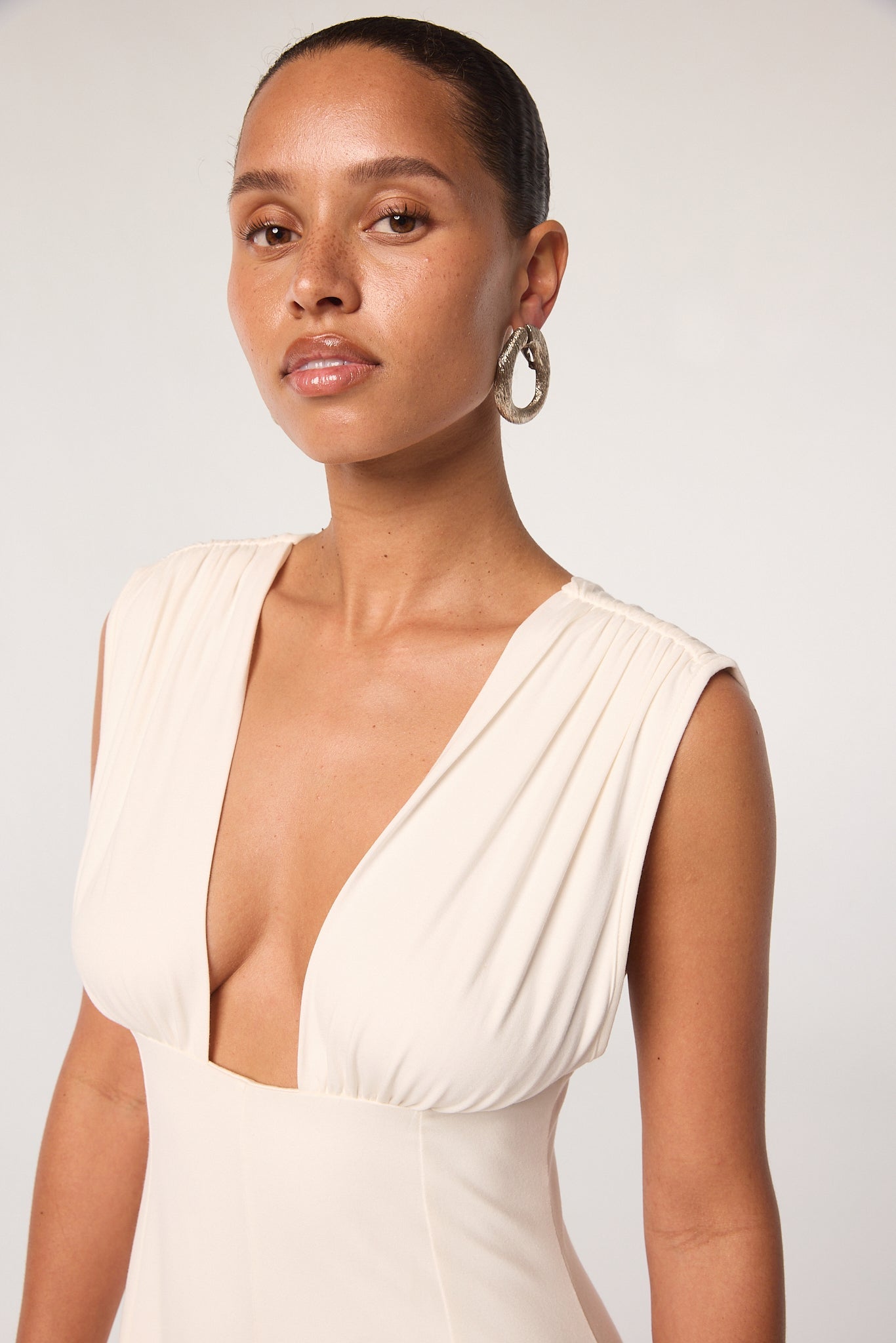 Elva - Off White Plunge Neck Panel Dress | The Line by K Elva - Off White Plunge Neck Panel Dress | The Line by K