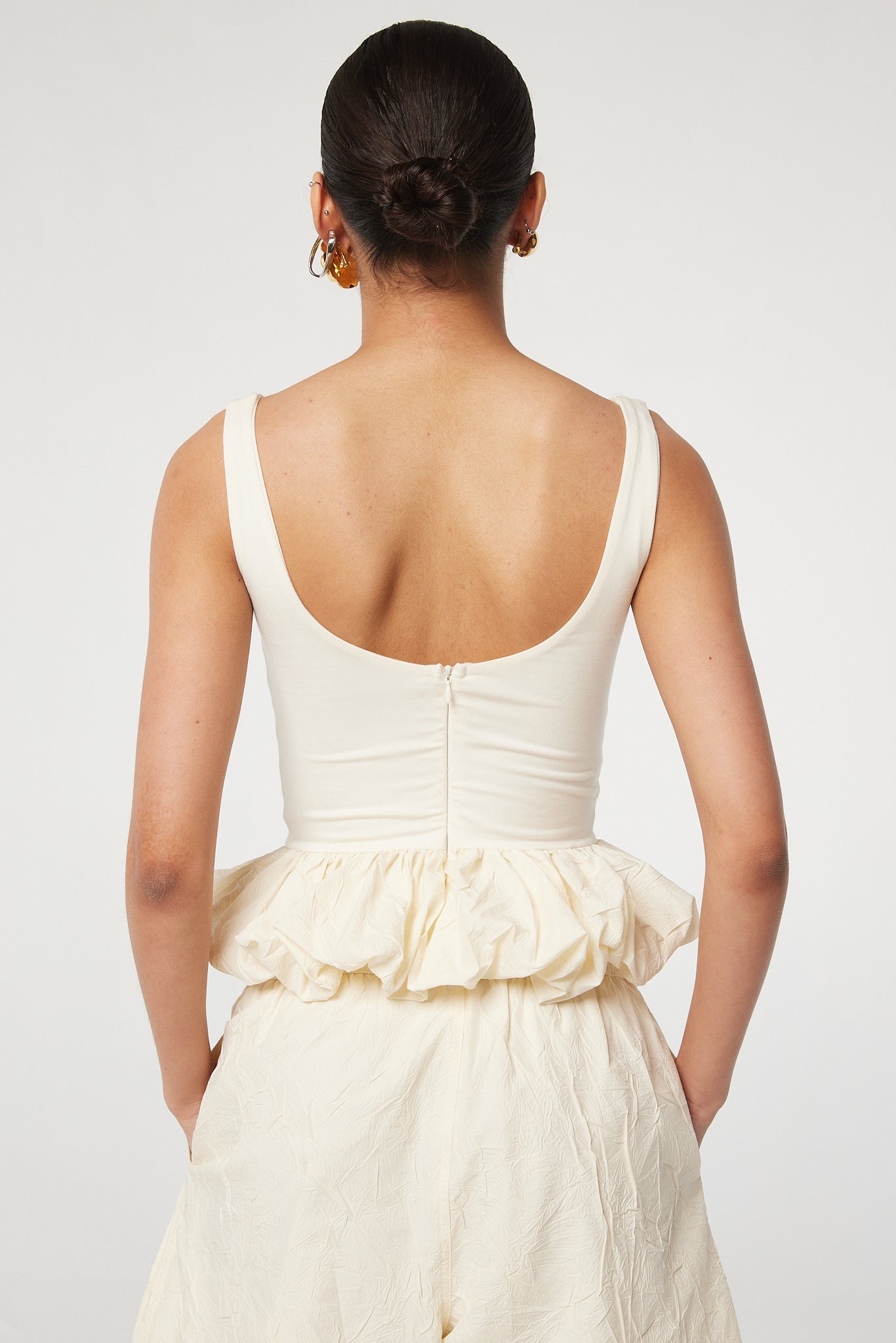 Fern Peplum Top | Bubble Silhouette | Double-Lined Body | Textured Cotton-Poly Blend | Color: Vanilla | Size XL | The Line By K Fern Peplum Top | Bubble Silhouette | Double-Lined Body | Textured Cotton-Poly Blend | Color: Vanilla | Size XL | The Line By K