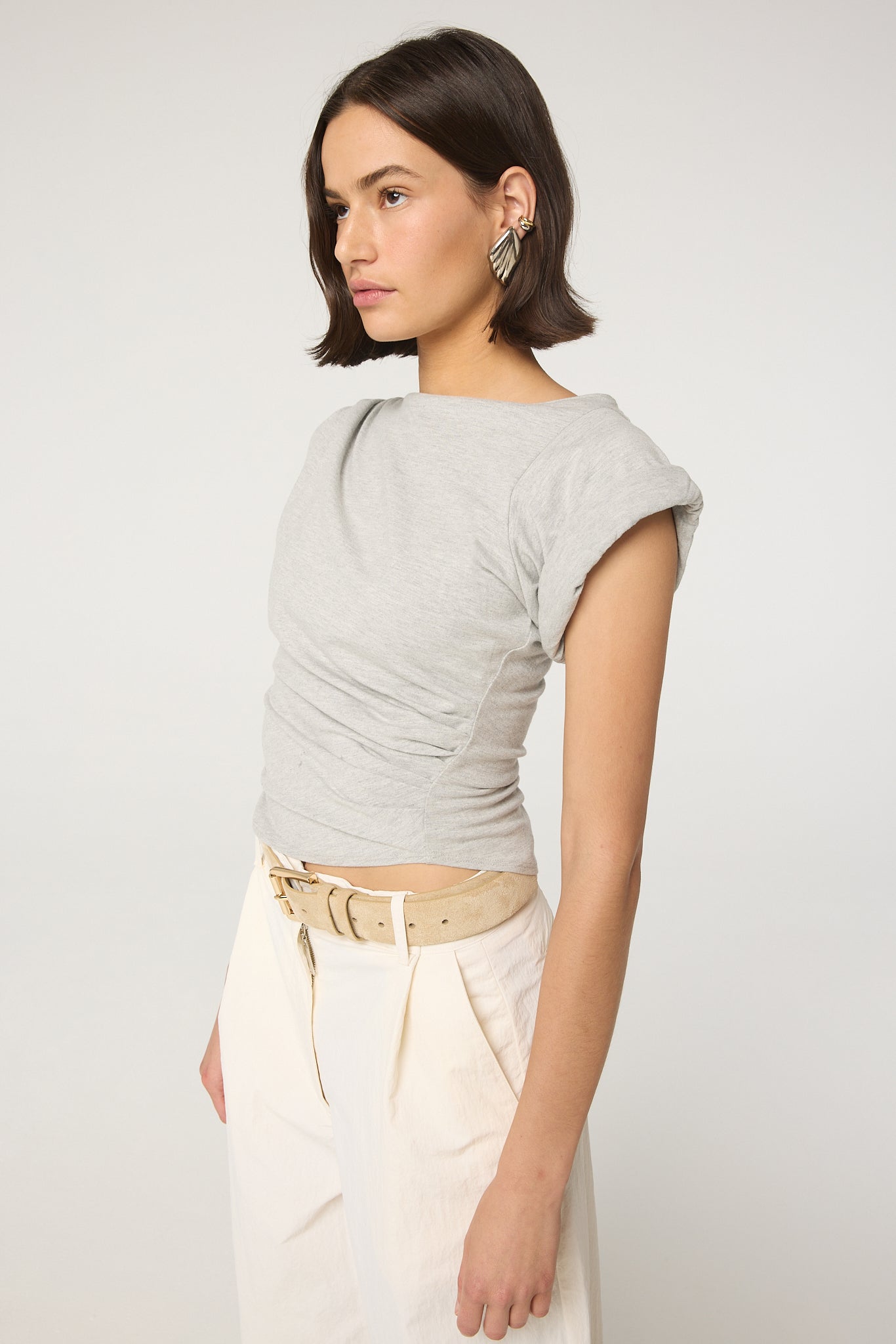 正規品 Biby. FRANCINE TULLE TEE GRAY Francine Heather Grey Pleated Short Sleeve T-Shirt | The Line by K