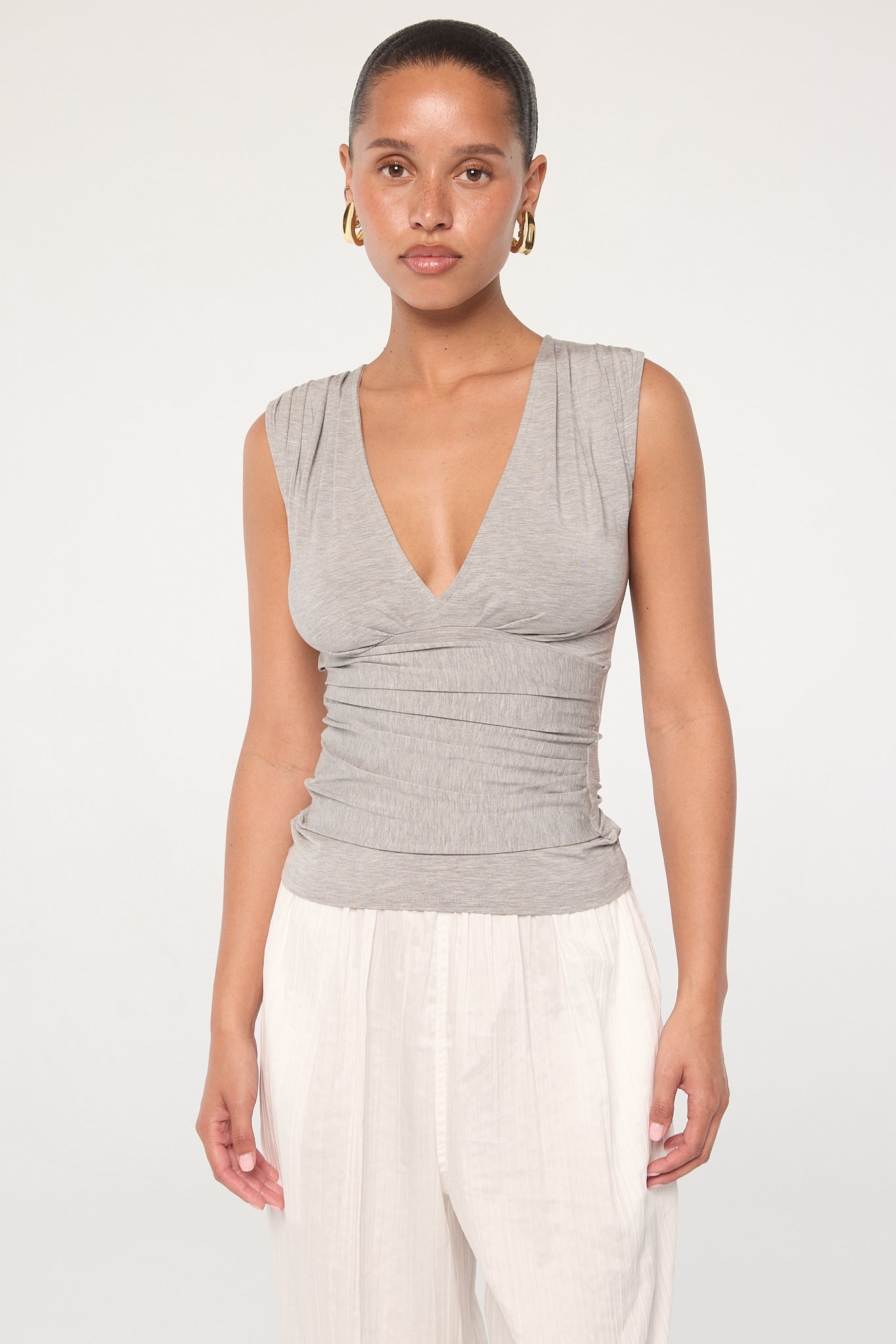 Sunnery - Heather Grey V Neck Top | The Line by K