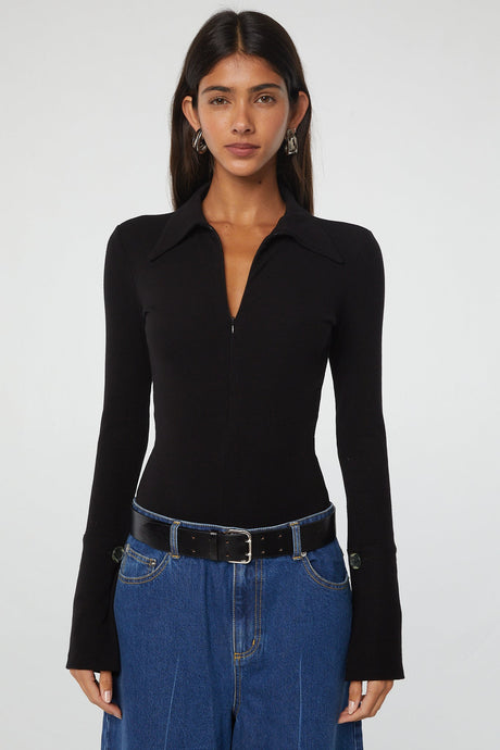 Womens THE LINE BY K black Collared Zip-Up Bodysuit